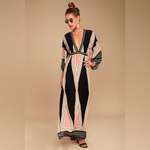 Lulu’s | Montecito Boho Geometric Print Black Maxi Dress Size S